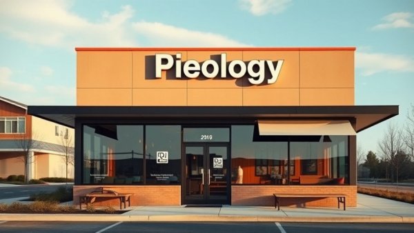 Modern Pieology Pizza restaurant exterior under clear sky.