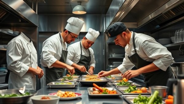 Isabel Coss executive chef Pascual in busy kitchen.