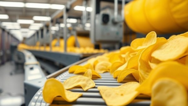 Potato chips production line in ultra-processed food factory