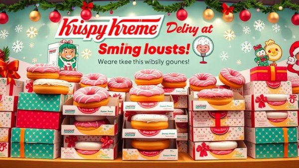 Festive Krispy Kreme donuts display for Day of the Dozens promo.