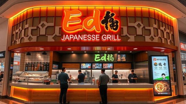 Edo Japanese Grill expansion featuring vibrant storefront and digital menu.
