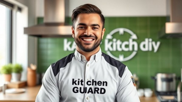 Man with Kitchen Guard shirt in modern kitchen setting.