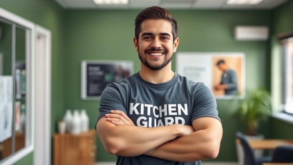 Confident man in Kitchen Guard shirt smiling in green office, promoting Kitchen Guard Franchise for Restaurant Owners.