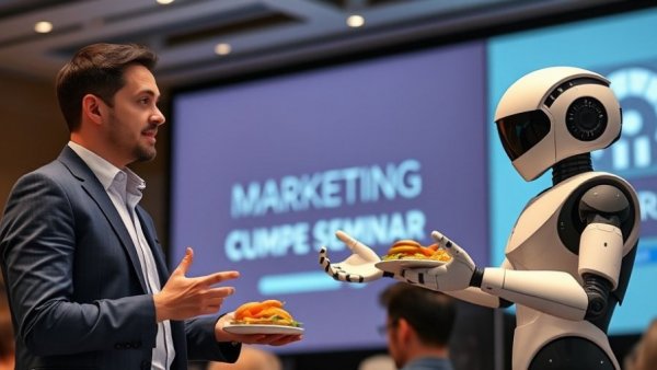 AI in restaurant marketing seminar with presenters and digital interface.