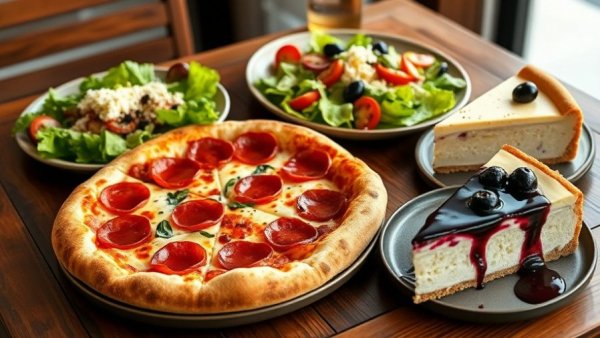 Affordable family dining Southern California spread with pizza, salad, cheesecake.