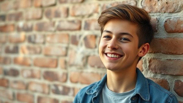 Young person smiling casually in front of brick wall.