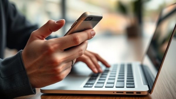 Close-up of hand with smartphone and laptop for agentic commerce in restaurants.