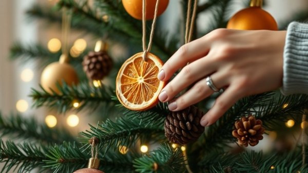 Minimalist holiday decor on a Christmas tree with natural ornaments.