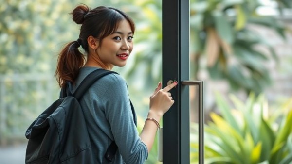 Young woman unlocking a door for best lock brands for home security.