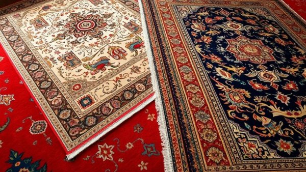 Intricate silk rugs displayed on colorful carpets, showcasing detailed patterns.