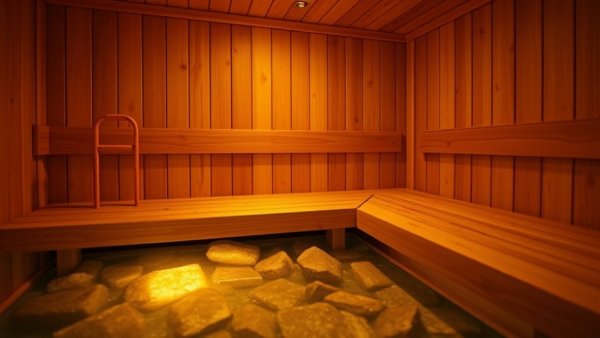 Warm wooden sauna interior with heated rocks showcasing dry sauna benefits.
