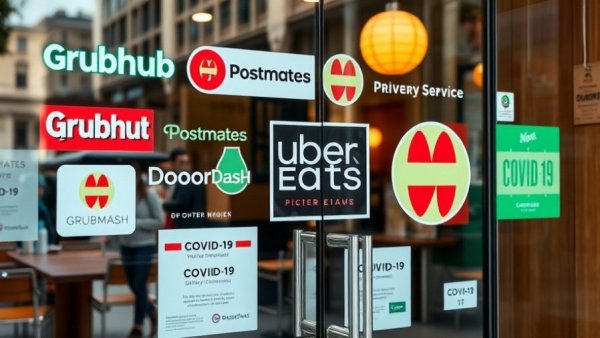 Colorful delivery service stickers on NYC glass door reflecting new upfront tipping law.