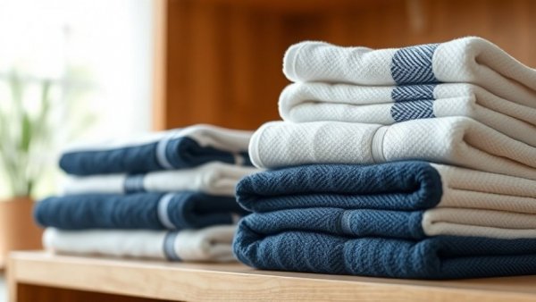 Neatly folded white and blue towels for DIY draft stoppers.