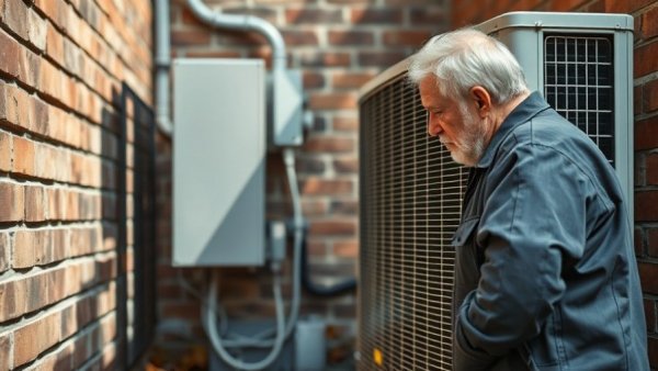Older technician inspecting AC unit emphasizing long-term thinking for customer loyalty