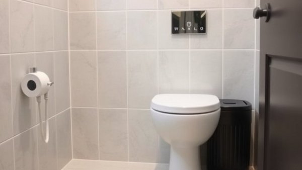 Minimalist bathroom with unseen trash can beside toilet.