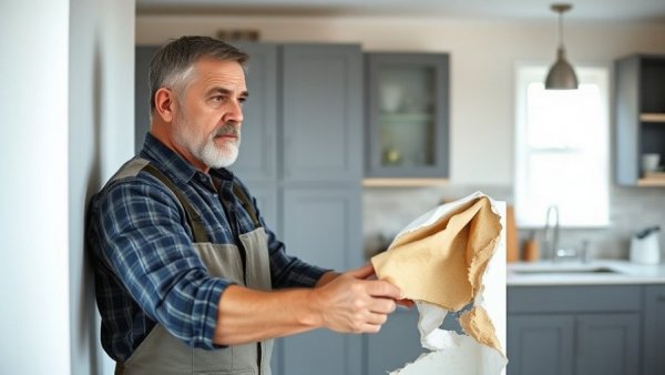 Middle-aged man focused on home renovation, discovering hidden construction elements.