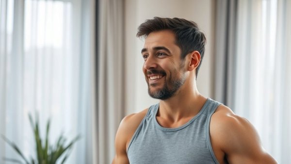 Humored man with fitness joke, indoor setting, natural lighting.
