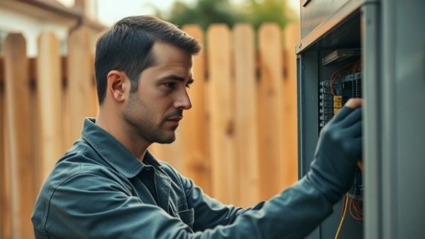 HVAC technician examining outdoor electrical panel, career focus.