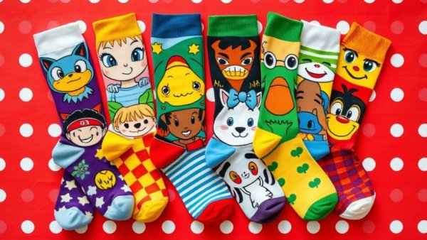 Colorful cartoon socks on a vibrant background.