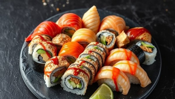 Rock N’ Roll Sushi Platter with diverse rolls and vibrant colors.
