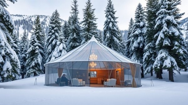 Tent setup for Après Ski in St. Regis Deer Valley with snowy scenery.