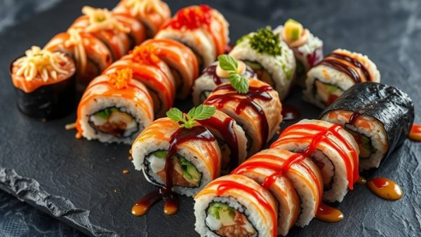 Rock N’ Roll Sushi assortment in Oxford with colorful rolls.