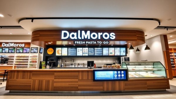 DalMoros Fresh Pasta To Go counter with digital menus in Orlando.