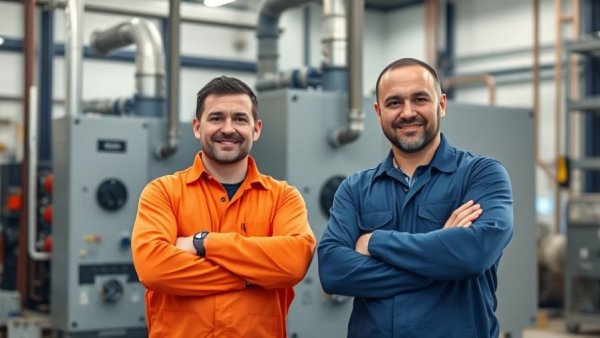 Technicians presenting hot water boiler solutions in an industrial setting.