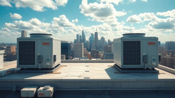 Smart HVAC sensors on rooftop units with city view.