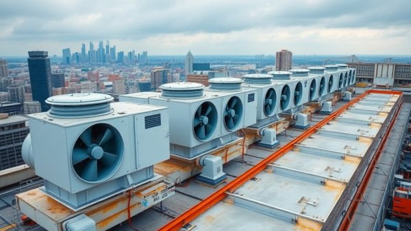 RTU Service Safety Solutions with rooftop HVAC units against cityscape.