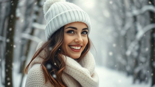 Woman in winter attire smiling amid snowfall, winter restaurant menus.