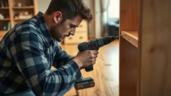 Harbor Freight drill kit in use for furniture assembly indoors.