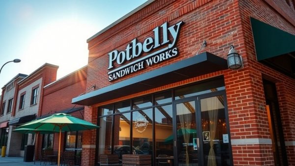 Potbelly Sandwich Works storefront with outdoor seating area.