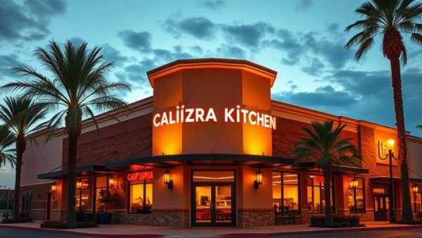 Modern facade of California Pizza Kitchen during evening hours.