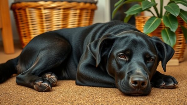 Calm black dog on cork floor with wicker basket and plant, highlighting best flooring for dogs.