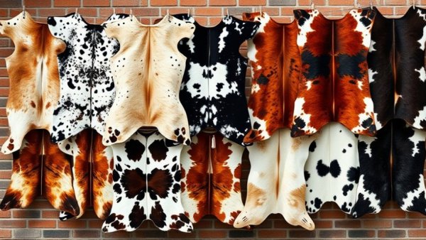 Cowhide rugs hanging to dry against a brick wall, showing cleaning process.