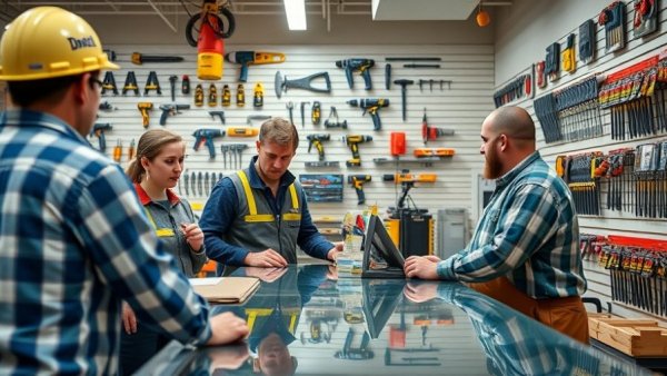 Contractor discussing product sources at supply counter in store