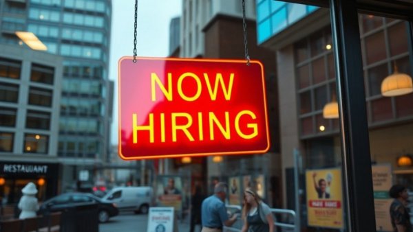 Restaurant window with 'Now Hiring' sign, reflecting economic slowdown.