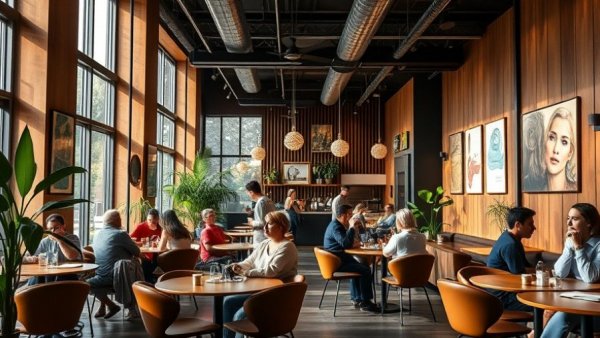 Modern coffee shop with people conversing; AI is not saving labor costs.