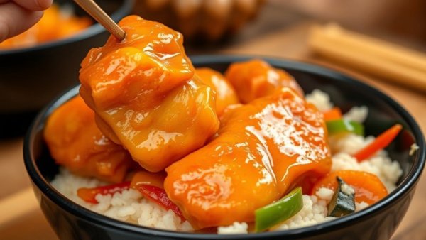 Delicious orange chicken served with rice, perfect for New Year’s dining deals.
