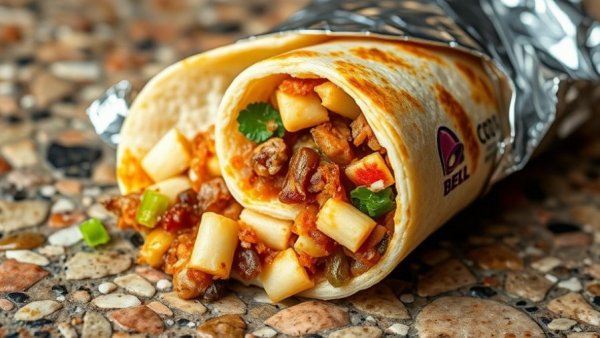 Taco Bell Quesarito Return: savory Quesarito on terrazzo.