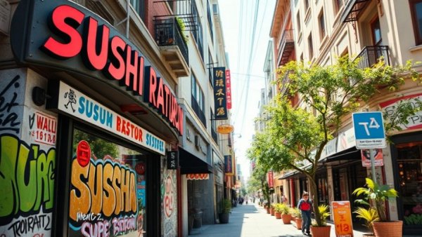 Colorful Rock N' Roll Sushi restaurant facade in urban setting.