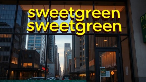 Sweetgreen storefront sign reflecting cityscape during leadership transition