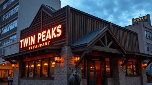Twin Peaks Restaurant in Connecticut with neon sign and deer statue.