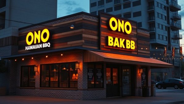 Ono Hawaiian BBQ restaurant expansion with modern exterior at twilight.