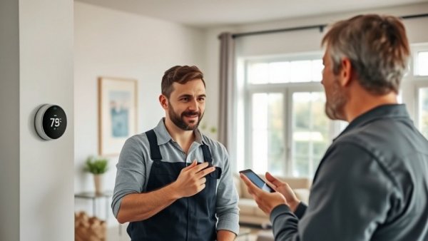 Smart thermostat installation guide explained by a technician in a modern home.