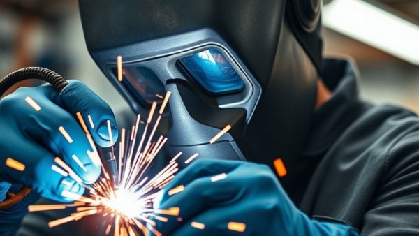 Welder in action with blue gloves and mask in a workshop.