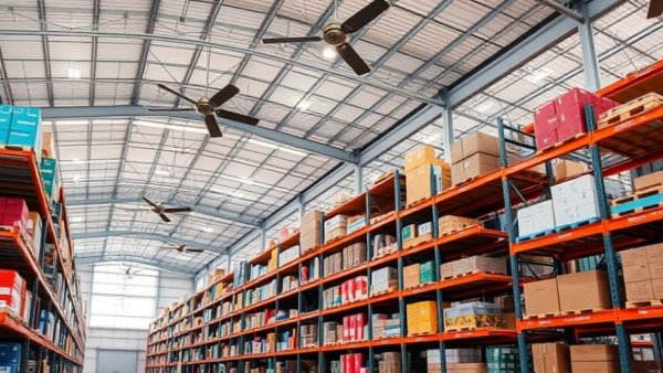 Warehouse with organized shelves and industrial cooling units illustrating refrigerant management compliance.