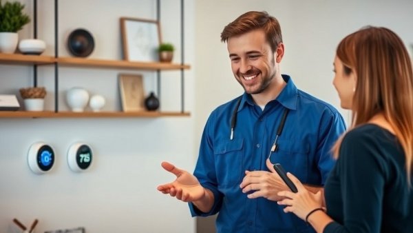 Technician explaining installing smart thermostats to customer.