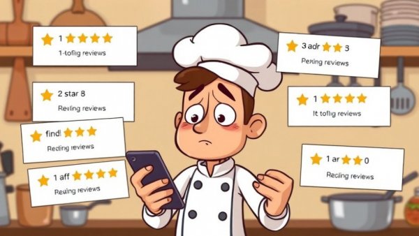 Cartoon chef distressed by negative reviews on his phone.